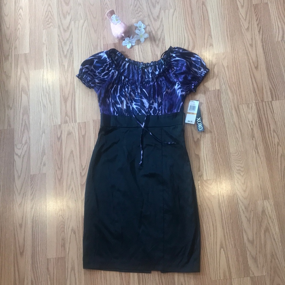 XOXO Pencil Dress Black & Purple Animals Print.